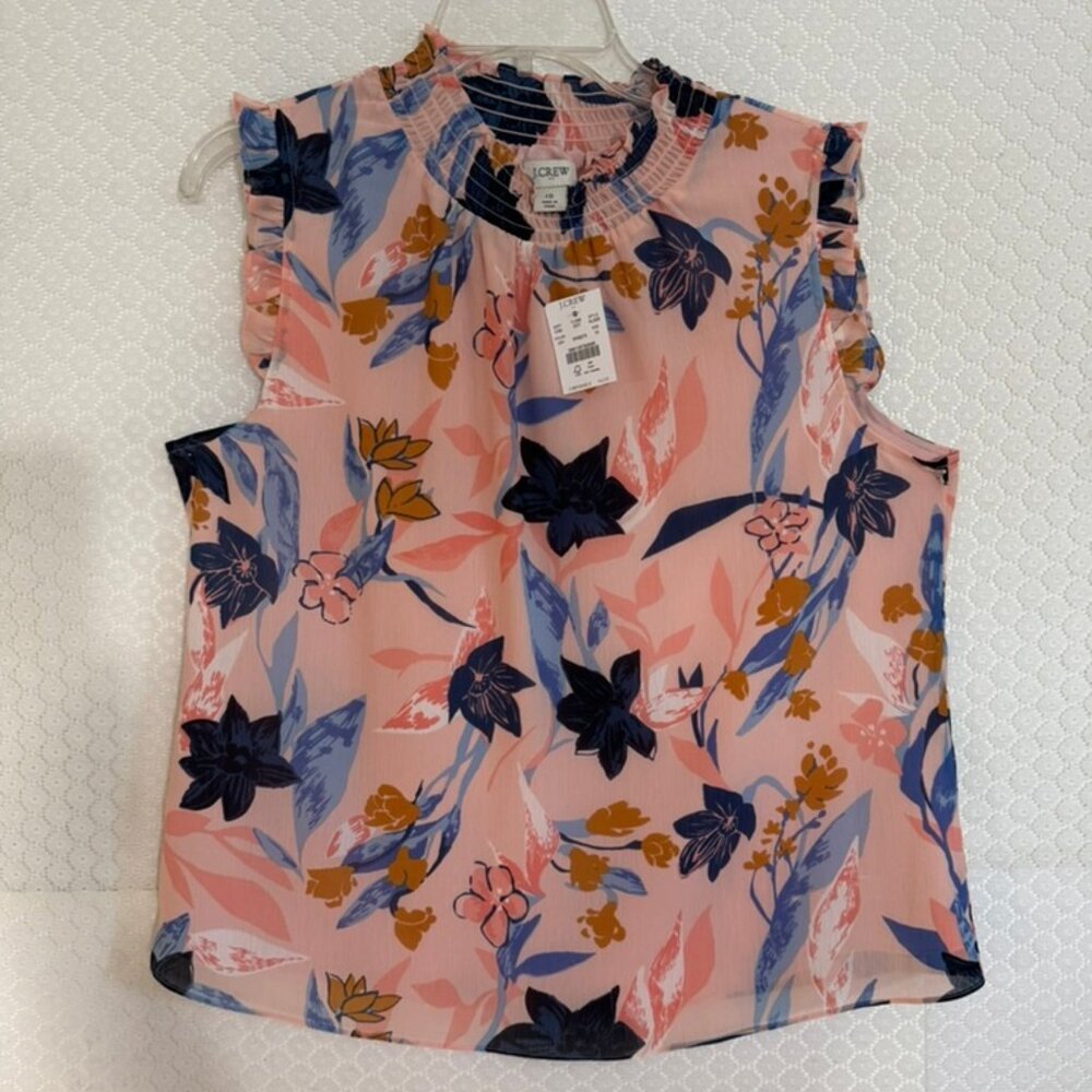 NWT J.Crew Floral Mock Neck Sheer Overlay Sleeveless Blouse-Ruffle Accents Sz 10